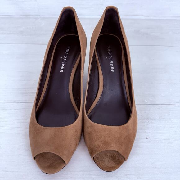 DONALD PLINER Milli Brown Suede Wedges Size 7 Peep Toe Snake Print Heels Preppy - Picture 7 of 14